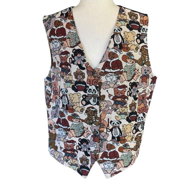 Vtg Bobbie Brooks Women's XL Holiday Teddy Bear Button Up Vest Black Whimsical - Picture 1 of 8